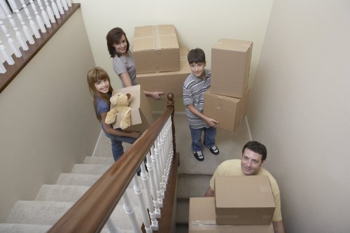 Packed office crates and furniture prepared for relocation in West London